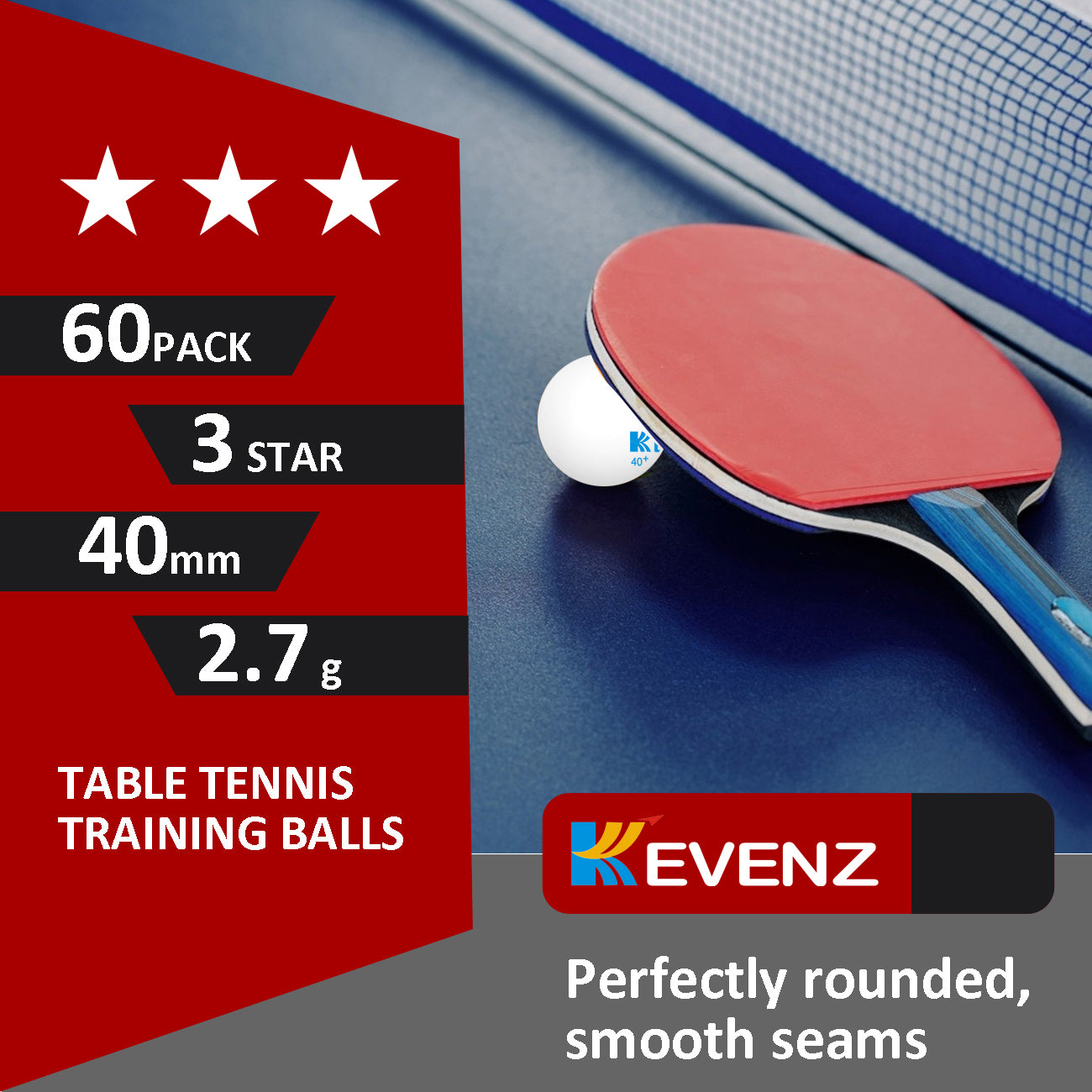KEVENZ 60-Pack 3 Star Ping Pong Balls, 40+mm Advanced Table Tennis Balls, Bulk Outdoor and Indoor Ping-Pong Balls for Training, Competition and More, White
