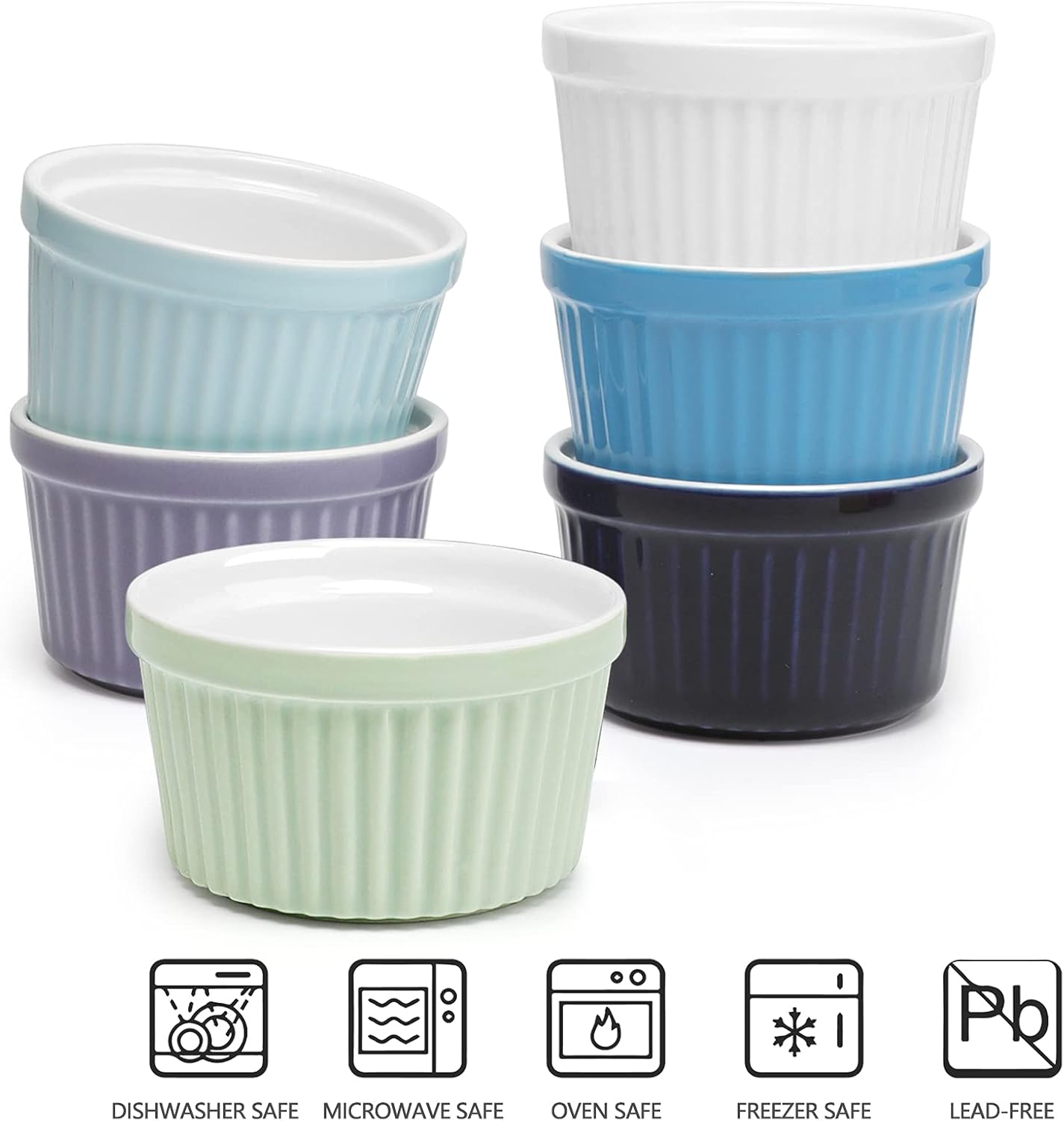 amHomel 8 OZ Ramekins Oven Safe - Porcelain Ramekins Set for Creme Brulee, Pudding and Sauce, Souffle Dishes Bakeware Set, Baking Cups for Souffle, Set of 6, Cold Assorted Color