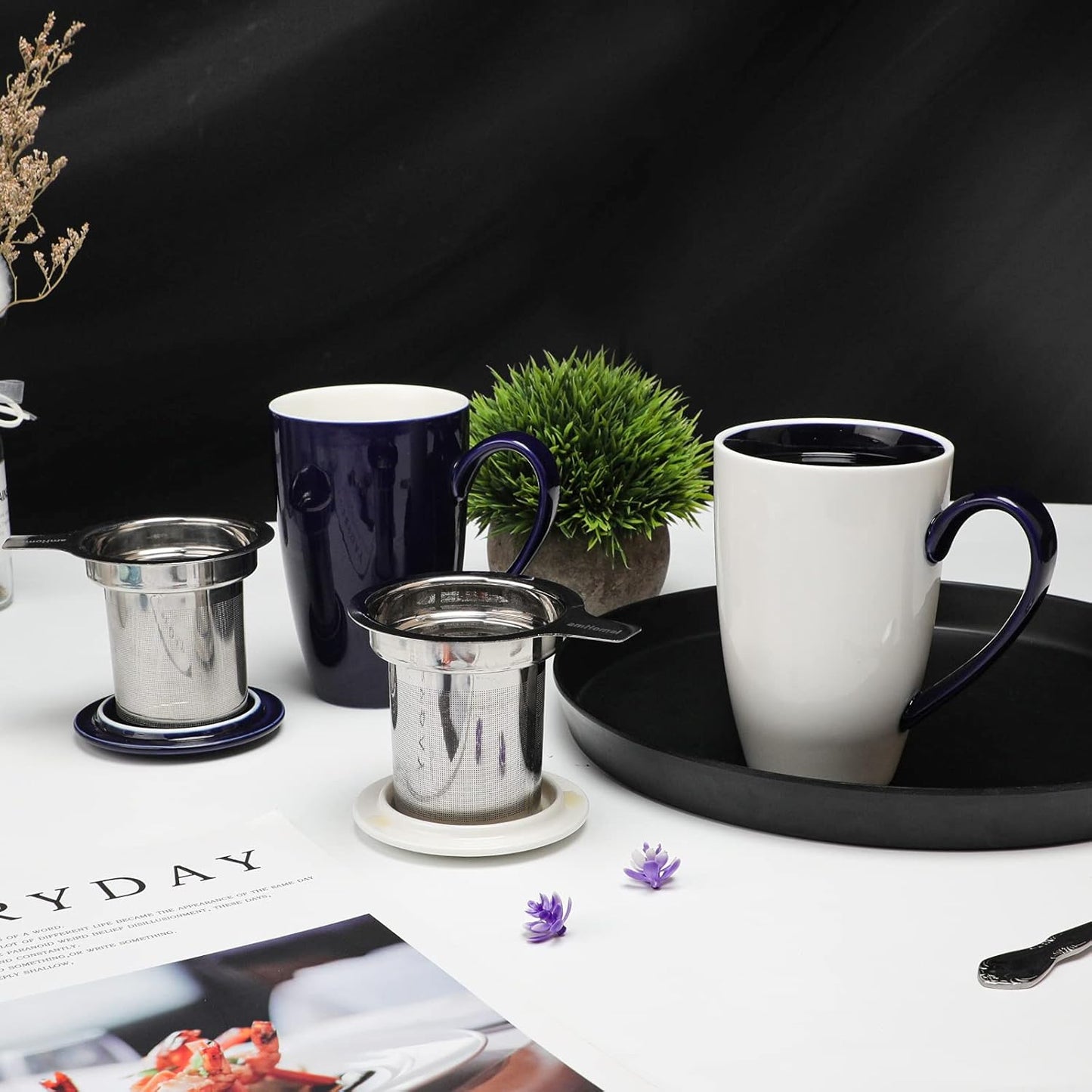 amhomel Porcelain Tea Mug with Infuser and Lid, 16 Ounce Ceramic Tea Cup for Loose Leaf, Coffee, Cocoa and Milk, Tea Gift for Tea Lovers, Navy Blue