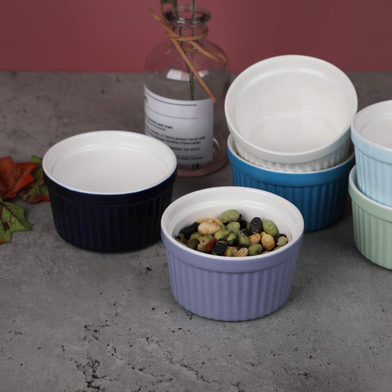 amHomel 8 OZ Ramekins Oven Safe - Porcelain Ramekins Set for Creme Brulee, Pudding and Sauce, Souffle Dishes Bakeware Set, Baking Cups for Souffle, Set of 6, Cold Assorted Color