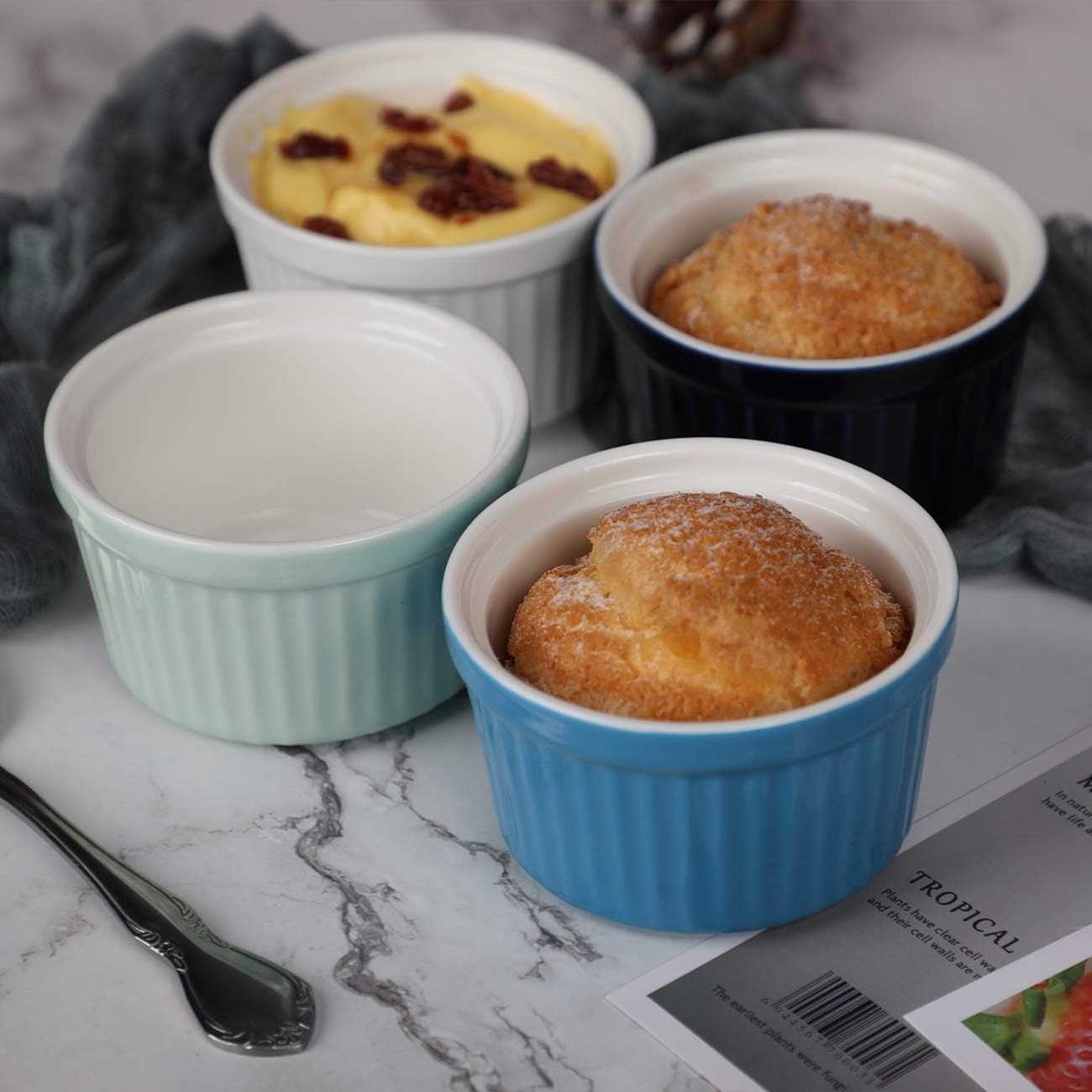 amHomel 8 OZ Ramekins Oven Safe - Porcelain Ramekins Set for Creme Brulee, Pudding and Sauce, Souffle Dishes Bakeware Set, Baking Cups for Souffle, Set of 6, Cold Assorted Color
