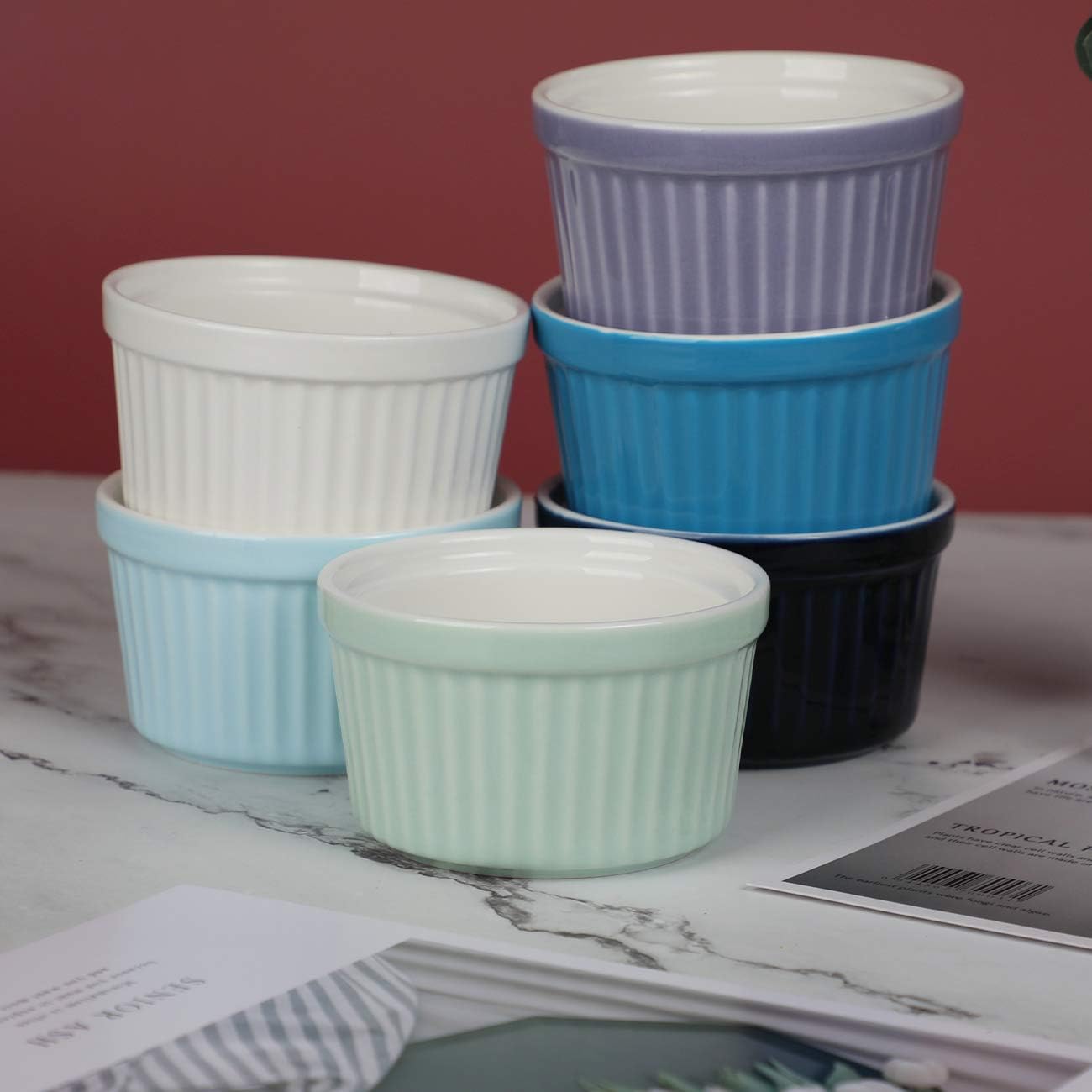 amHomel 8 OZ Ramekins Oven Safe - Porcelain Ramekins Set for Creme Brulee, Pudding and Sauce, Souffle Dishes Bakeware Set, Baking Cups for Souffle, Set of 6, Cold Assorted Color
