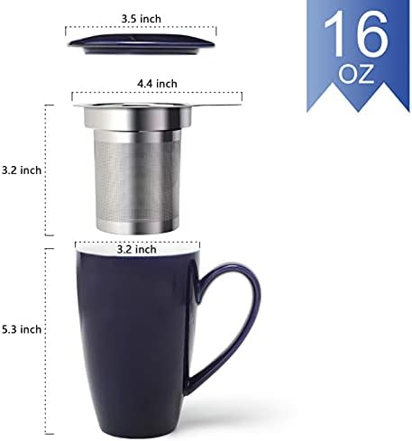 amhomel Porcelain Tea Mug with Infuser and Lid, 16 Ounce Ceramic Tea Cup for Loose Leaf, Coffee, Cocoa and Milk, Tea Gift for Tea Lovers, Navy Blue