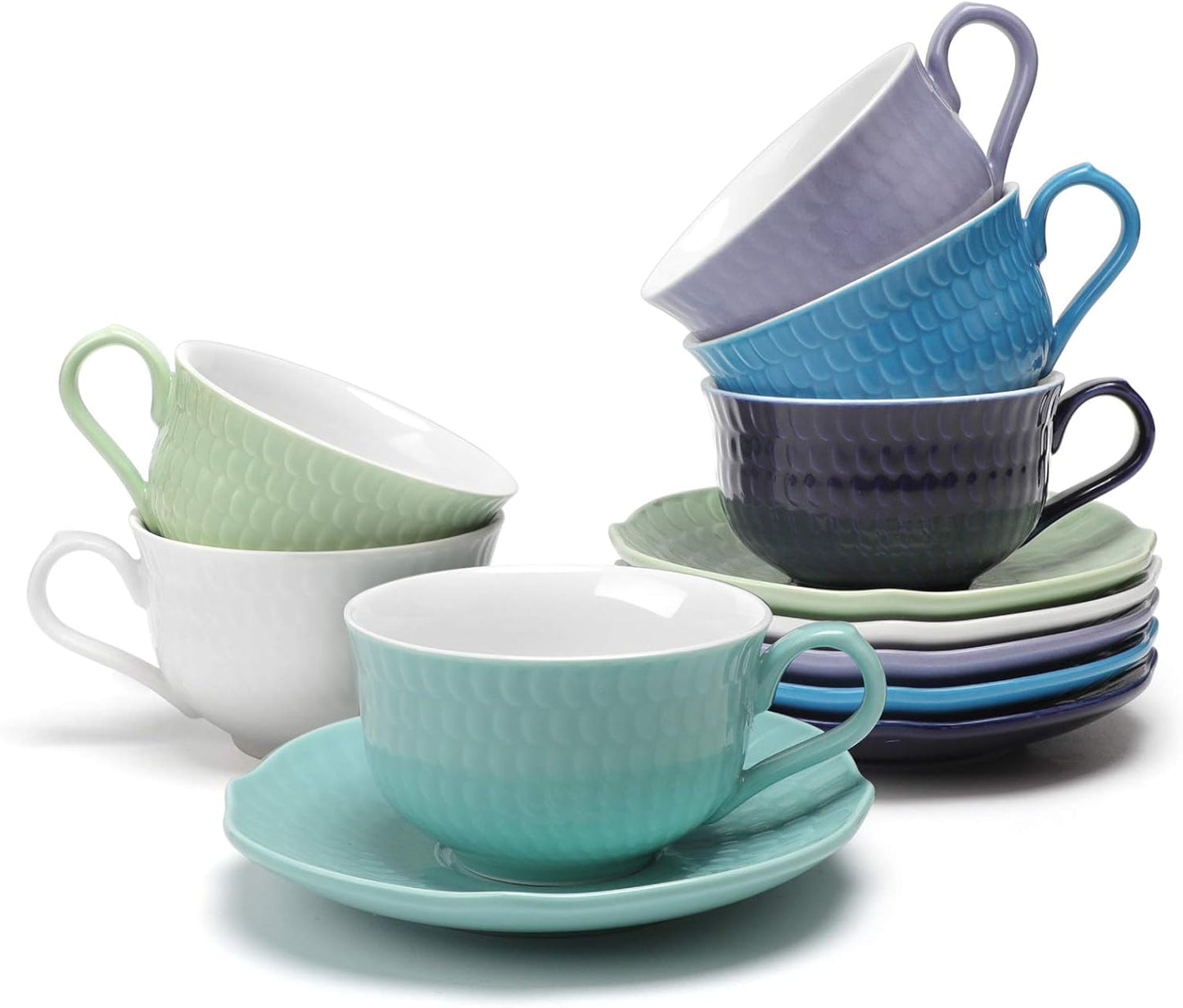 amhomel Coffee Cups and Saucers Set of 6, Porcelain Espresso Cups, 4 Oz Cappuccino Cups with Saucers for Specialty Coffee and Espresso Embossed Design, Cold assorted colors (Copy) (Copy) (Copy)