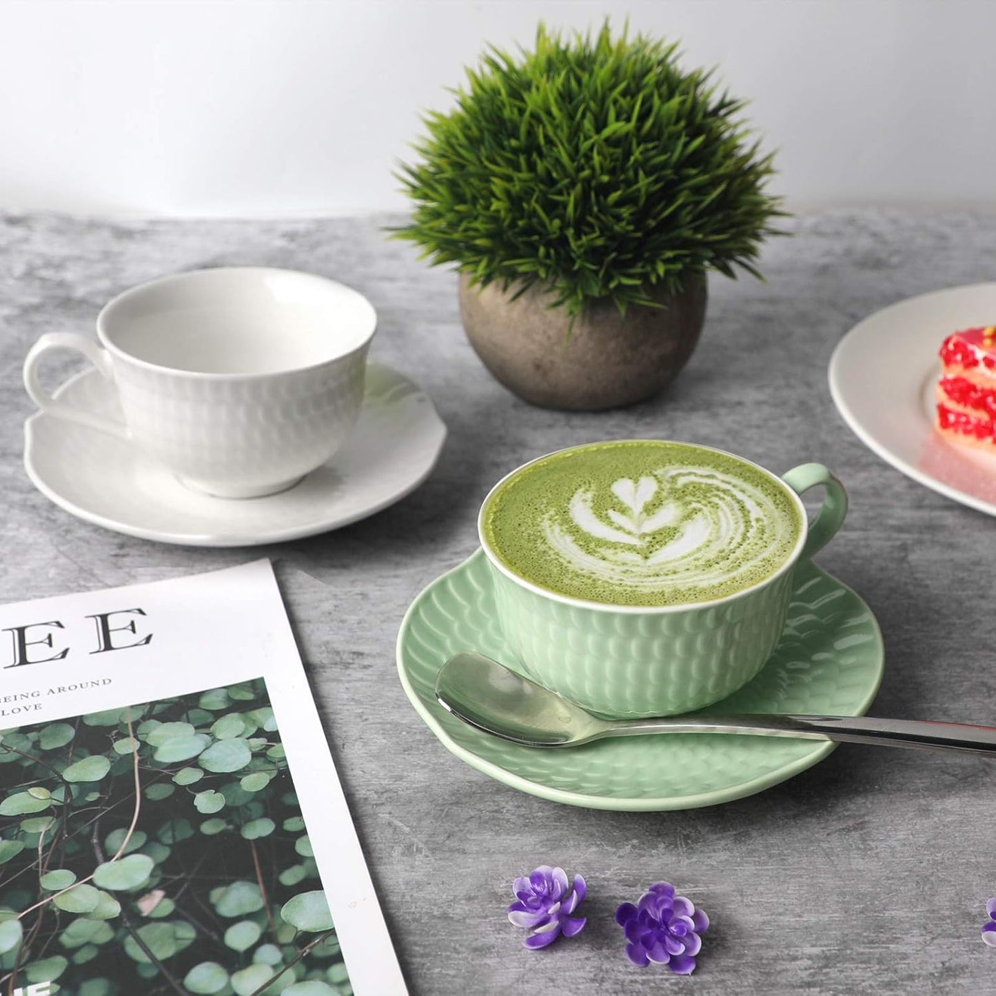 amhomel Coffee Cups and Saucers Set of 6, Porcelain Espresso Cups, 4 Oz Cappuccino Cups with Saucers for Specialty Coffee and Espresso Embossed Design, Cold assorted colors (Copy) (Copy) (Copy)