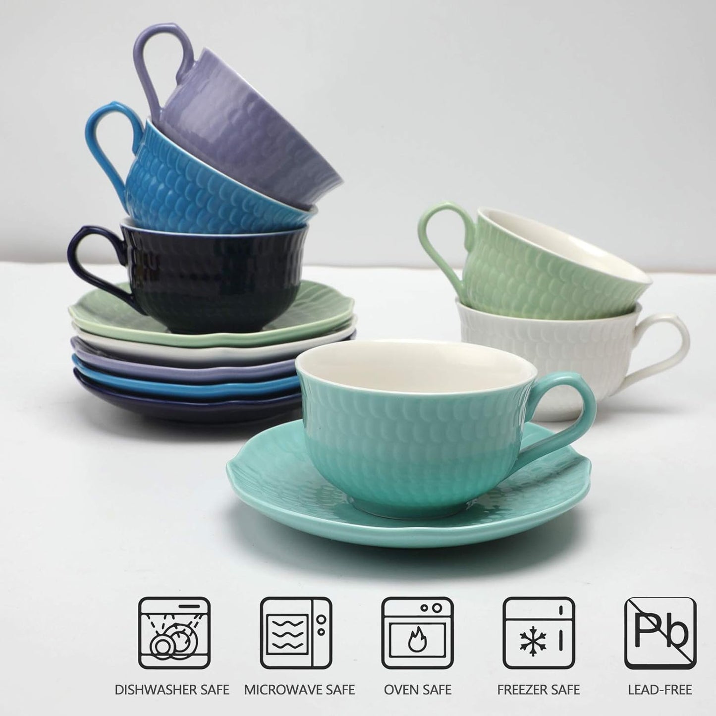 amhomel Coffee Cups and Saucers Set of 6, Porcelain Espresso Cups, 4 Oz Cappuccino Cups with Saucers for Specialty Coffee and Espresso Embossed Design, Cold assorted colors (Copy) (Copy) (Copy)