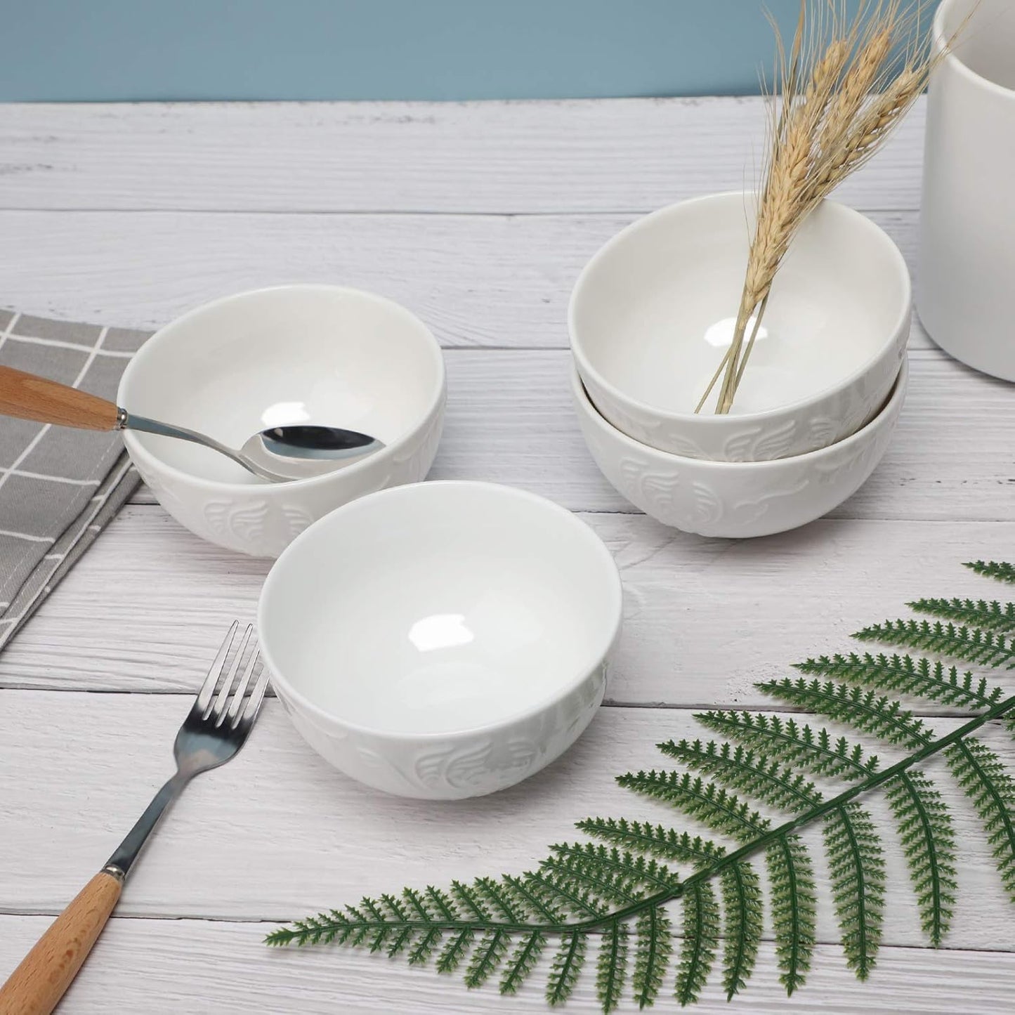 amhomel Cereal Bowls Set of 10 with Embossed Texture, Porcelain Soup Bowls, 11 Ounce for Ice Cream Dessert and Condiment, Lead-Free, Dishwasher & Microwave Safe - White, 4.5 Inch
