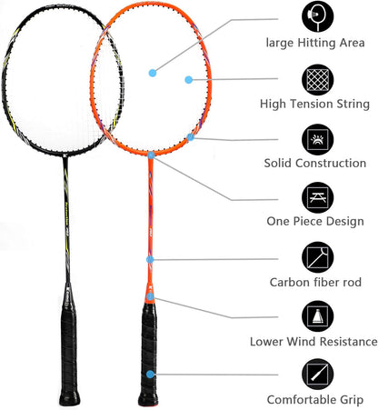 KEVENZ Badminton Racket Set, 2 Carbon Fiber Badminton Racquet, 3 Goose Feather Badminton Birdie, 2 Racket Grip and 1 Carring Bag