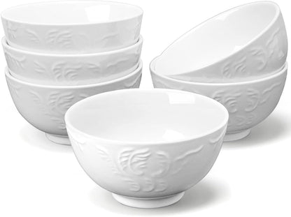 amhomel Cereal Bowls Set of 6 with Embossed Texture, 24 Ounce Porcelain Deep Ceramic Bowls, Dishwasher & Microwave Safe - White, 5.5 Inch