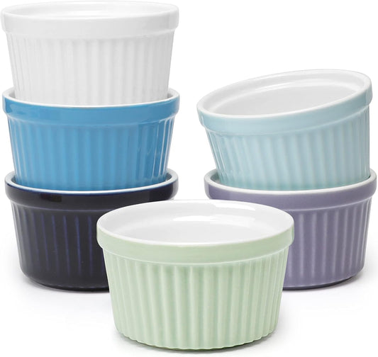 amHomel 8 OZ Ramekins Oven Safe - Porcelain Ramekins Set for Creme Brulee, Pudding and Sauce, Souffle Dishes Bakeware Set, Baking Cups for Souffle, Set of 6, Cold Assorted Color