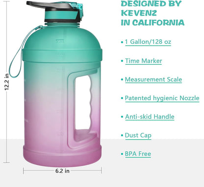 KEVENZ Water Bottle with Time Marker, 1 Gallon Water Bottle with Straw, Leakproof Water Jug, BPA Free, Green Purple