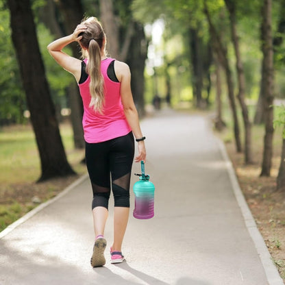 KEVENZ Water Bottle with Time Marker, 1 Gallon Water Bottle with Straw, Leakproof Water Jug, BPA Free, Green Purple