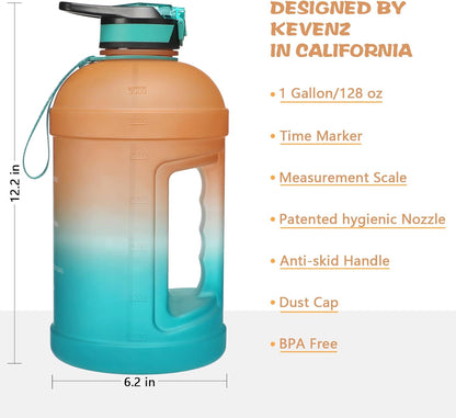 KEVENZ Water Bottle with Time Marker, 1 Gallon Water Bottle with Straw, Leakproof Water Jug, BPA Free, Orange Green