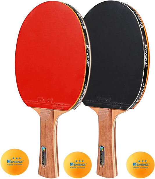 KEVENZ 2-Pack Patent Advanced Table Tennis Racket Come with Anti-Skid Handle, Wooden Blade Surrounded by Rubber