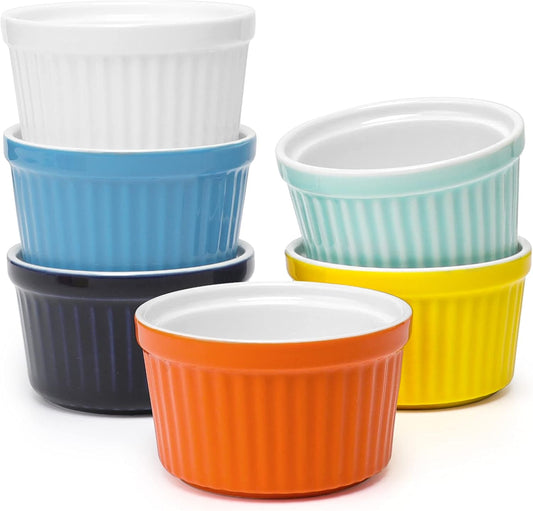 amHomel 8 OZ Ramekins Oven Safe - Porcelain Ramekins Set for Creme Brulee, Pudding and Sauce, Souffle Dishes Bakeware Set, Baking Cups for Souffle, Set of 6, Hot Assorted Color