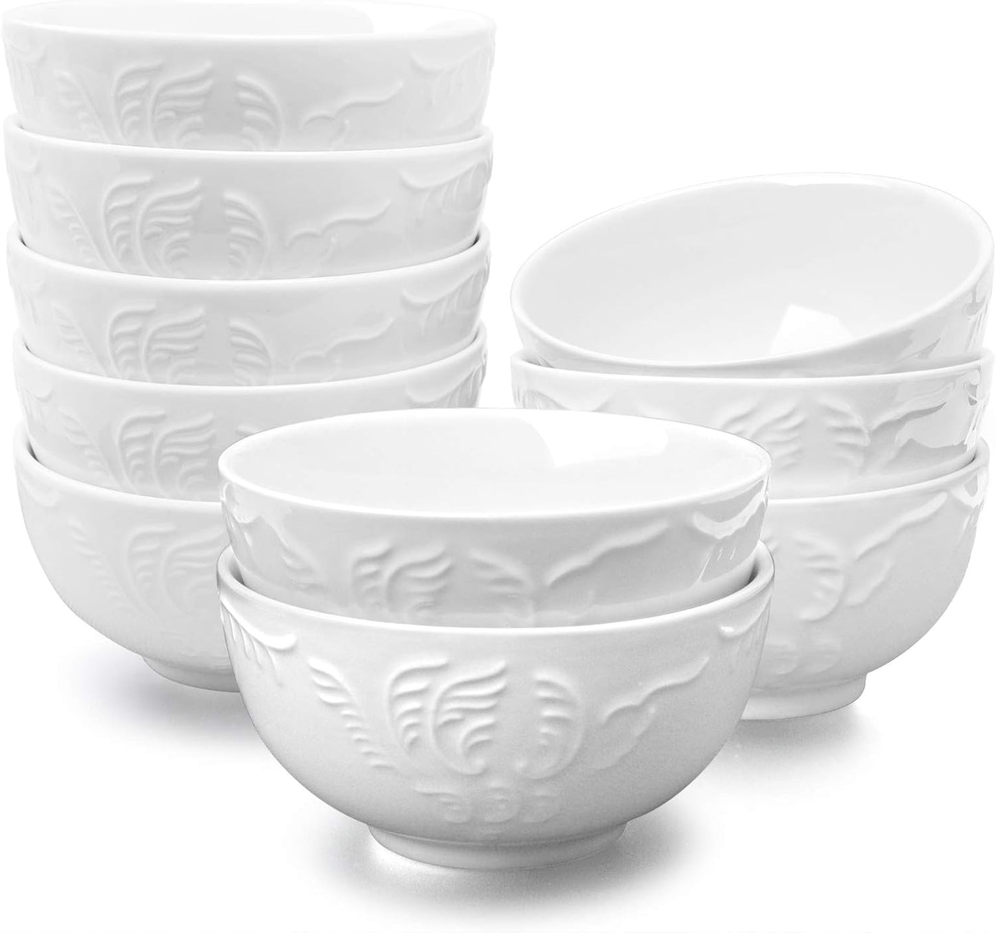 amhomel Cereal Bowls Set of 10 with Embossed Texture, Porcelain Soup Bowls, 11 Ounce for Ice Cream Dessert and Condiment, Lead-Free, Dishwasher & Microwave Safe - White, 4.5 Inch