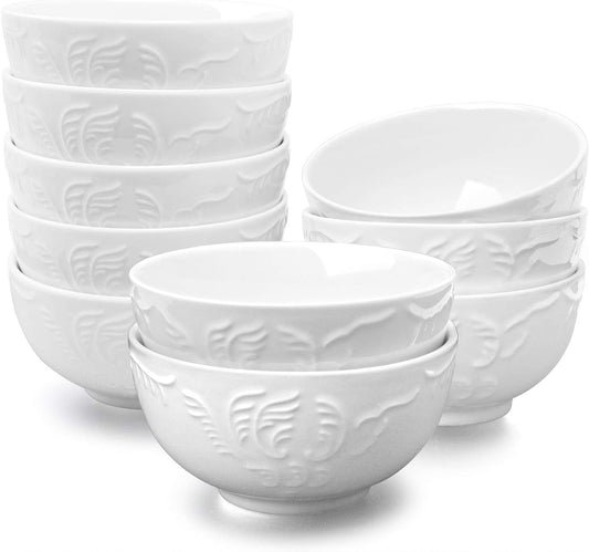 amhomel Cereal Bowls Set of 10 with Embossed Texture, Porcelain Soup Bowls, 11 Ounce for Ice Cream Dessert and Condiment, Lead-Free, Dishwasher & Microwave Safe - White, 4.5 Inch