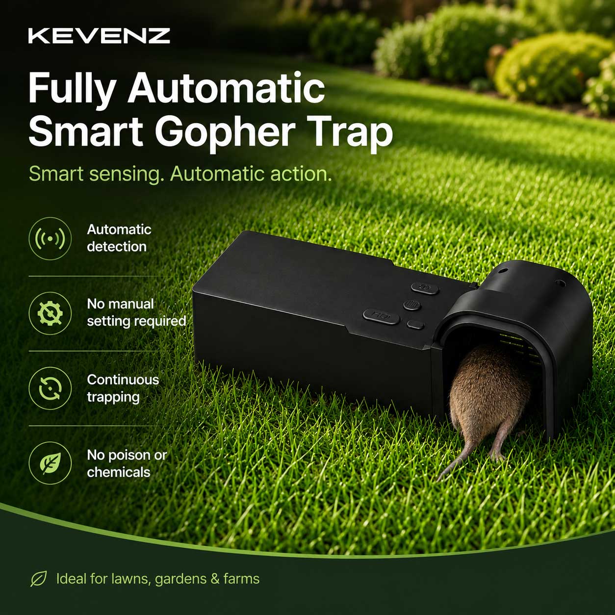 Fully Automatic Smart Gopher Trap No manual setting required — simply place it at the burrow entrance and turn it on.